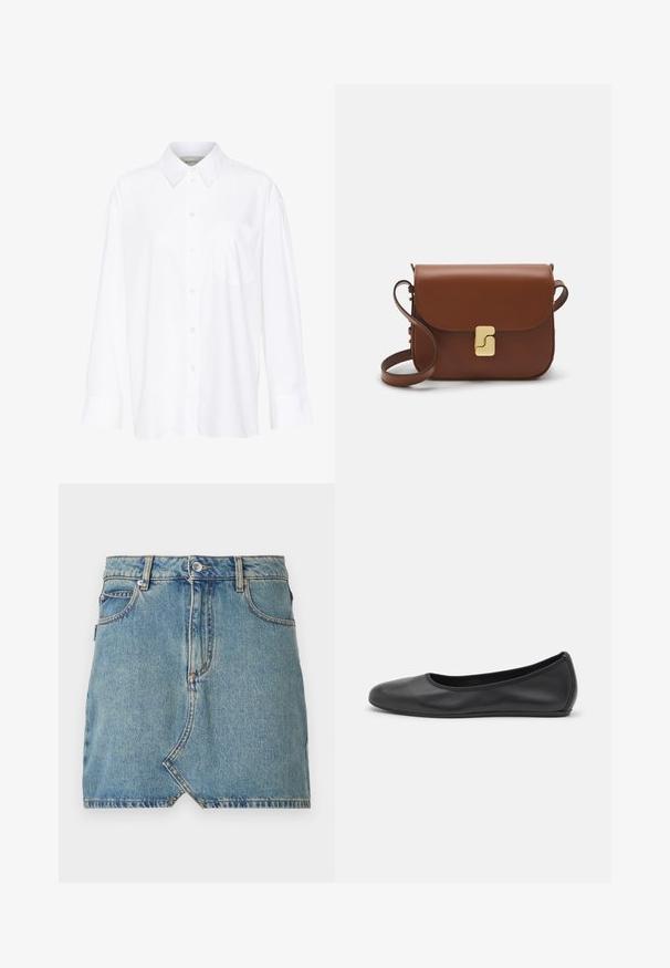 White long-sleeve collared shirt made of cotton. Features a button-down front and a single chest pocket. Smooth texture, relaxed fit.; Denim skirt in light blue, with a raw hem and front slant pocket, featuring contrast stitching and a single button closure at the waistband.; Black leather ballet flat with a rounded toe, smooth texture, minimal stitching detail, and a flexible sole design.; Brown leather handbag with a flap closure, gold-tone hardware, a shoulder strap, and a smooth texture. Compact rectangular shape.