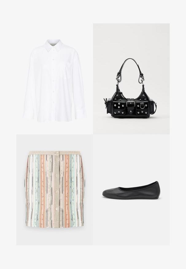 Biała, długosleeve'owa koszula z kołnierzykiem, wykonana z bawełny. Posiada zapięcie na guziki z przodu oraz jedną kieszeń na piersi. Gładka tekstura, luźny krój.; Pasiasta spódnica dzianinowa w pastelowych kolorach, w tym miętowej zieleni, koralowym i beżowym. Posiada guzik z przodu oraz fakturowany pas.; Czarne skórzane baletki z zaokrąglonym noskiem, gładką fakturą, minimalnymi przeszyciami i elastycznym designem podeszwy.; Czarna skórzana torebka w zakrzywionym kształcie, z srebrnymi ćwiekami, klamrą i dwoma bocznymi kieszeniami. Regulowany pasek umożliwiający różne opcje noszenia.