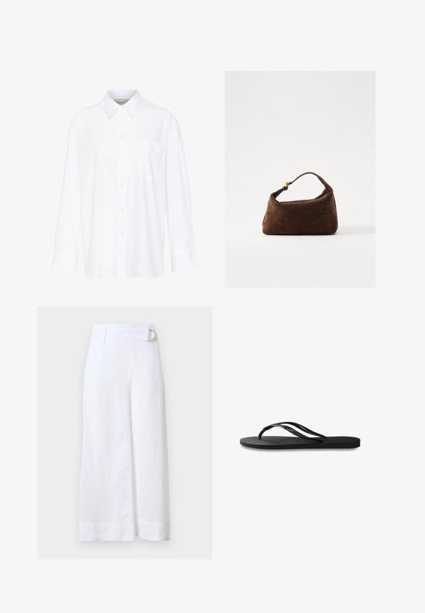 White long-sleeve collared shirt made of cotton. Features a button-down front and a single chest pocket. Smooth texture, relaxed fit.; White linen culottes with a wide-leg design, featuring a belt with a circular metal buckle and flat front pleats.; Black flip-flop featuring a textured rubber sole, two slender straps, and a subtle, embossed logo detail on the strap.; Brown suede handbag with a curved shape, short handle, and gold hardware accents. Smooth texture and minimalistic design.