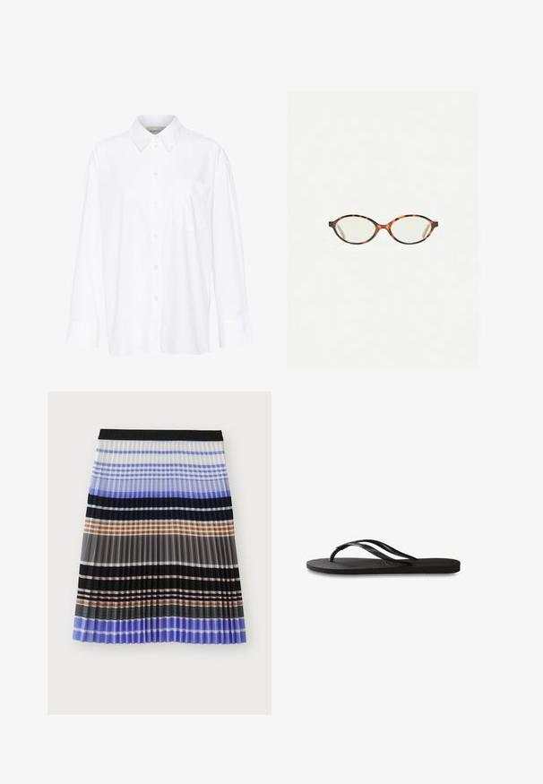 Cămașă albă cu mânecă lungă și guler, fabricată din bumbac. Are un închidere cu băta pe față și un singur buzunar pe piept. Textură netedă, croială lejeră.; MUNTHE MARMING - Fustă în formă de A - multi-coloured; Încălțăminte tip flip-flop neagră cu o talpă din cauciuc texturat, două bretele subțiri și un detaliu discret, embosat cu logo pe bretea.; Ochelari cu ramă din tartan, cu lentile ovale și un finisaj elegant, neted. Prezintă margini subțiri cu o curbură subtilă la tâmple. Lentile clare.