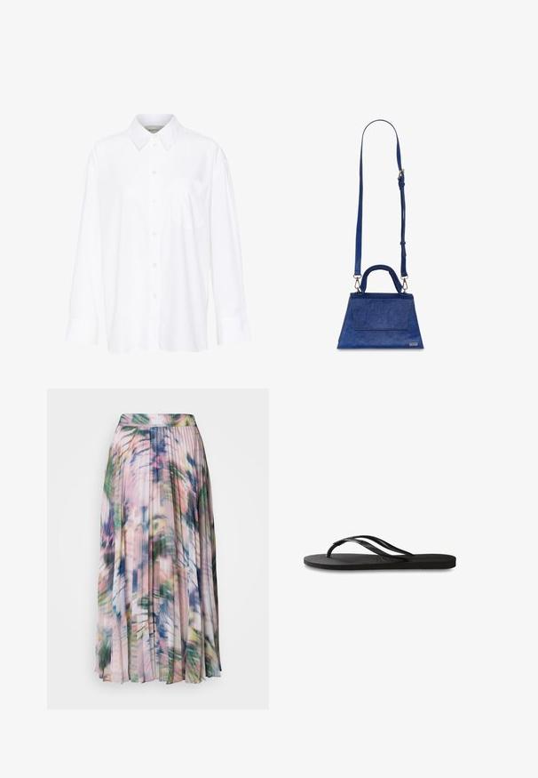 Weißes Langarmhemd mit Kragen aus Baumwolle. Verfügt über eine durchgehende Knopfleiste und eine Brusttasche. Glatte Textur, lockere Passform.; Faltender Midirock aus leichtem, transparentem Stoff. Besitzt ein mehrfarbiges, abstraktes Blumenmuster in Rosa-, Grün- und Blautönen.; Schwarze Flip-Flops mit einer strukturierten Gummisohle, zwei schlanken Riemen und einem dezenten, geprägten Logo-Detail auf dem Riemen.; Blaue Kunstleder-Handtasche mit dreieckiger Form, oberem Griff und verstellbarem Schulterriemen. Sie bietet eine glatte Textur und eine Frontklappe.
