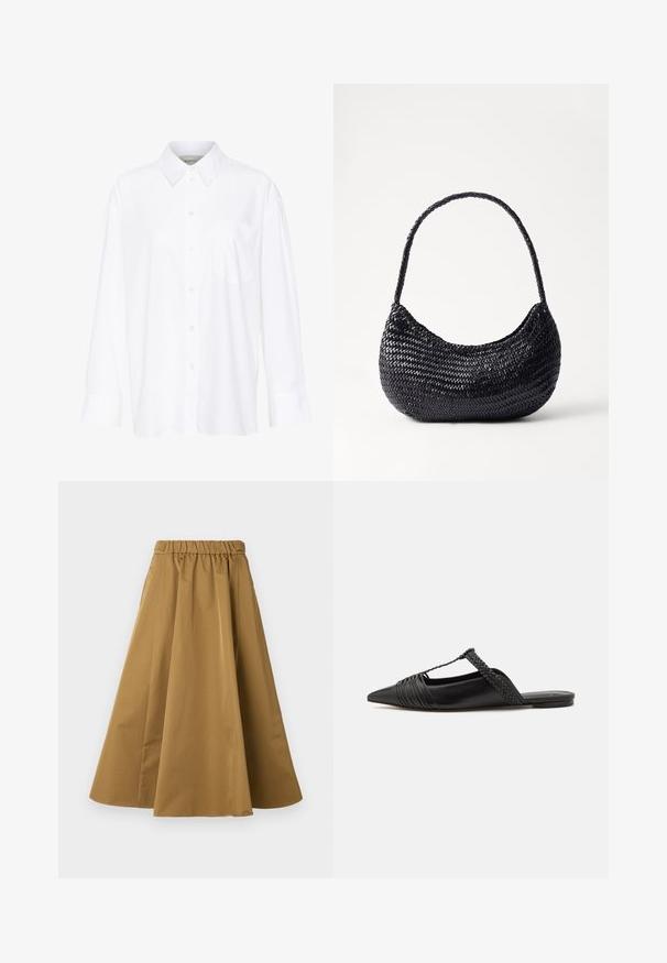 Chemise blanche à manches longues avec col, en coton. Présente un devant à boutons et une poche poitrine unique. Texture lisse, coupe décontractée.; Jupe marron, longueur cheville, en coton lisse, avec une taille élastique pour le confort et des plis subtils pour plus de volume.; Chaussure en cuir noir à talon ouvert avec un bout pointu, présentant un accent tressé et un design supérieur plissé. Semelle plate avec un matériel minimal.; DRAGON DIFFUSION NOVA LUNA - Sac à main - black