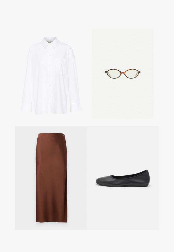 Biela košeľa s dlhým rukávom a golierom vyrobená z bavlny. Má zapínanie na gombíky vpredu a jednu náprsníku vrecko. Hladká textúra, voľný strih.; Hnedá saténová maxi sukňa s hladkou textúrou, s bočným rozparkom a strieborným akcentom v oblasti pása. Jednoduchý a priliehavý dizajn.; Čierne kožené baleríny s okrúhlou špičkou, hladkým povrchom, minimálnym prešívaním a flexibilným dizajnom podrážky.; Korytnačkové okuliare s oválnymi šošovkami a hladkým, lesklým povrchom. Majú tenké strany s jemným zakrivením na spánkoch. Priehľadné šošovky.