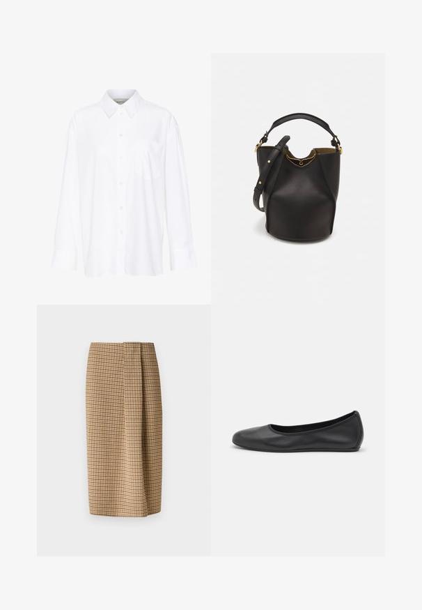 Bílá košile s dlouhým rukávem a límečkem vyrobená z bavlny. Má knoflíkovou přední část a jedno kapsičku na prsou. Hladký povrch, volný střih.; WEEKEND MaxMara DEBORAH - Pouzdrová sukně - cammello; Černé kožené baletní byty s kulatou špičkou, hladkou texturou, minimálními švy a flexibilním designem podrážky.; Černá kožená kabelka ve tvaru vědra s texturovaným povrchem, zlatými kovovými akcenty a otevřeným vrchem. Obsahuje krátkou rukojeť a nastavitelný ramenní popruh.