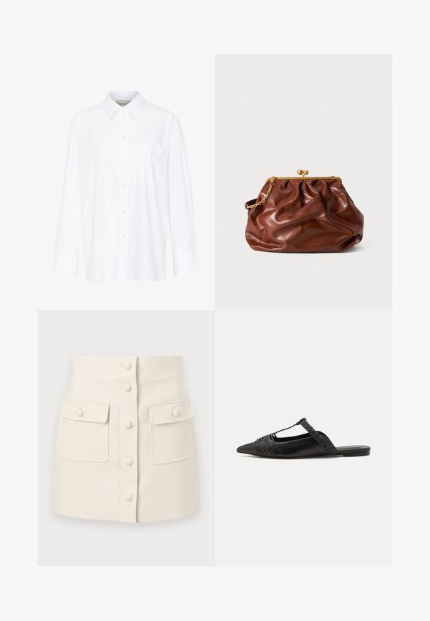 Bílá košile s dlouhým rukávem a límečkem vyrobená z bavlny. Má knoflíkovou přední část a jedno kapsičku na prsou. Hladký povrch, volný střih.; Sukně z denimu v krémové barvě s uzavíráním na knoflíky vpředu, dvěma klopovými kapsami a přiléhavým střihem. Hladká textura, rovný lem.; Černé kožené slingback boty se špičatou špičkou, s tkaným akcentem a plisovaným designem svršku. Plochá podešev s minimálním kovovým zapínáním.; Hnědá kožená psaníčko s pozlaceným zapínáním a krátkým pozlaceným řetízkem, s jemně nařasenou texturou na bílém pozadí.