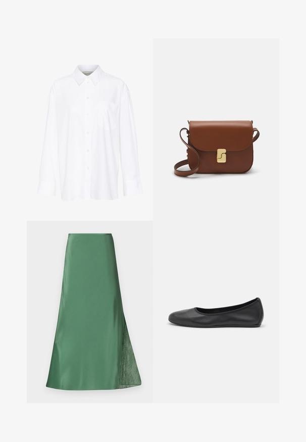 Valge pika käisega krae särg, mis on valmistatud puuvillast. Omab nööbipaneeli esiosa ja ühte rinna taskut. Sujuv tekstuur, vabalt lõigatud.; Roheline satiinseelik voolava A-line siluetiga, millel on ühel küljel õhuline pitsdetail, et lisada tekstuuri ja kontrasti.; Musthave mustika tantsutossud mustast nahast, ümmarguse varbaga, siledast tekstuurist, minimaalse õmblusdetailiga ja paindliku tallakujundusega.; Pruunist nahast käekott, millel on klapiga sulgur, kuldne riistvara, õlarihm ja sile tekstuur. Kompaktne ristkülikukujuline vorm.