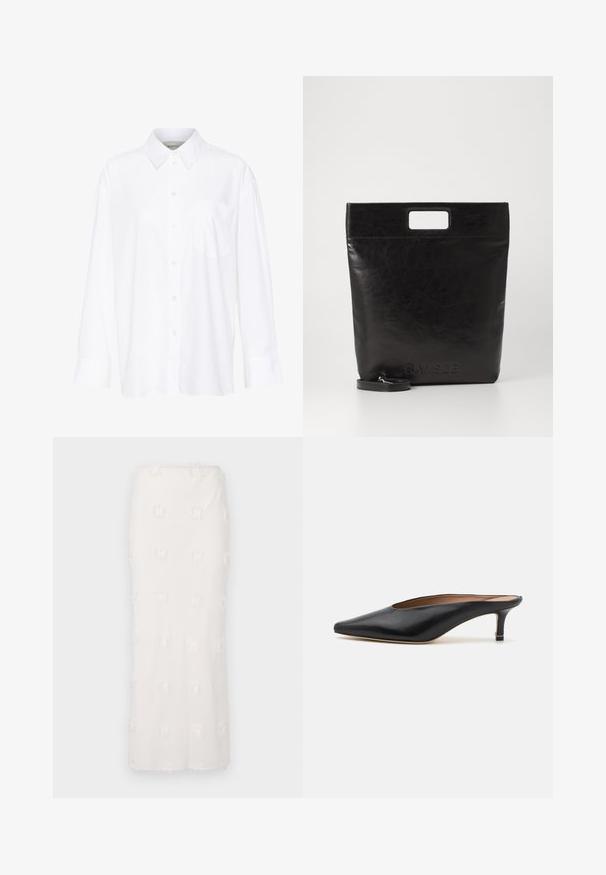 Witte lange mouwen overhemd met kraag van katoen. Voorzien van een knoopsluiting aan de voorkant en een enkele borstzak. Een gladde textuur en een ontspannen pasvorm.; Witte knie-lange rok van gestructureerde stof, voorzien van een geborduurd patroon met subtiele franjes. Rechte snit en naadloze tailleband.; Zwarte leren muiltjes met een puntige neus en een lage, blokhak. Glad oppervlak met een gestroomlijnd ontwerp. Open achterkant met minimale details.; Zwarte leren draagtas met een vierkant handvat, met een gestructureerde afwerking en een reliëflogo. Inclusief een afneembare schouderband.