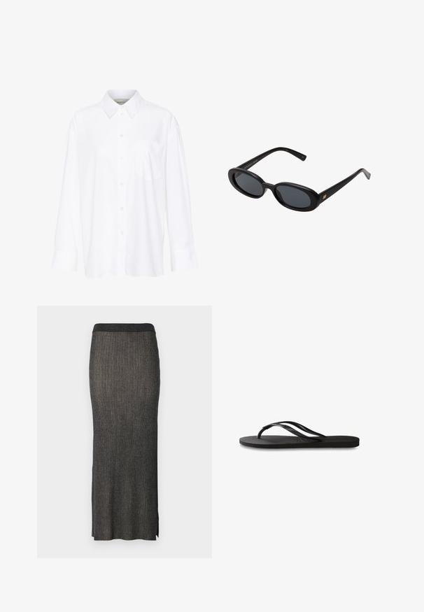 Camicia bianca a maniche lunghe con colletto in cotone. Caratterizzata da una chiusura con bottoni e una tasca sul petto singola. Tessuto liscio, vestibilità comoda.; Gonna midi in maglia grigio scuro con righe verticali, silhouette aderente e spacchi all'orlo per facilitare il movimento. Tessuto morbido e testurizzato.; Infradito neri con suola in gomma testurizzata, due cinghie sottili e un sottile dettaglio del logo impresso sulla cinghia.; Occhiali da sole neri oversize con lenti ovali, montatura in plastica liscia e accenti dorati sulle tempie. Le lenti scure offrono protezione dal sole.; Borsa a tracolla in pelle nera con forma rettangolare strutturata. Presenta una chiusura ovale dorata e una sottile tracolla. Texture liscia.