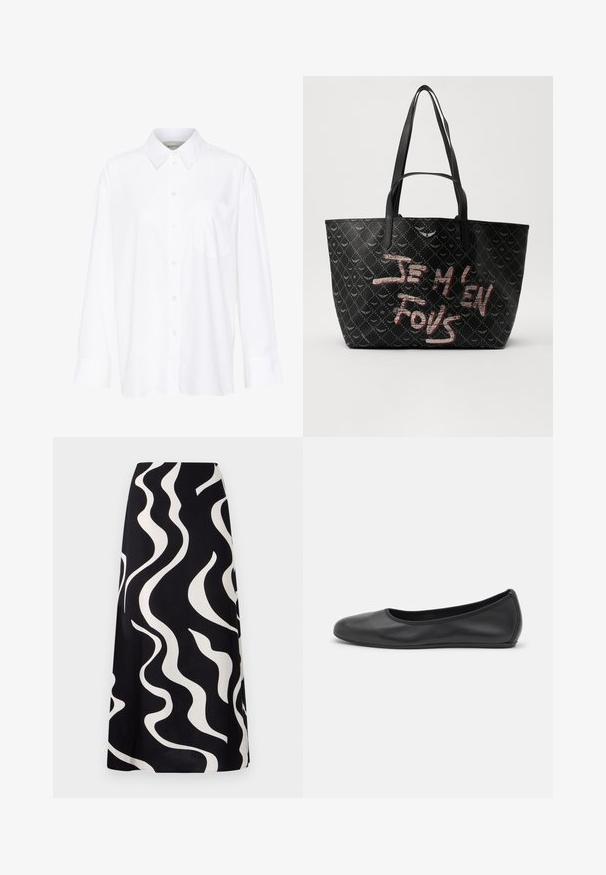 Weißes Langarmhemd mit Kragen aus Baumwolle. Verfügt über eine durchgehende Knopfleiste und eine Brusttasche. Glatte Textur, lockere Passform.; Schwarzer Rock mit weißen wellenförmigen Mustern. Aus leichtem Stoff gefertigt, hat er ein fließendes Design und einen geraden Schnitt. Ideal für den Alltag.; Schwarze Leder-Ballettschuhe mit abgerundeter Spitze, glatter Textur, minimalen Nähdetails und einem flexiblen Sohlen-Design.; Schwarze Tote-Bag aus strukturiertem Material mit Rautenmuster, Schulterriemen und auffälligem roten und weißen Text "JE M'EN FOUS."