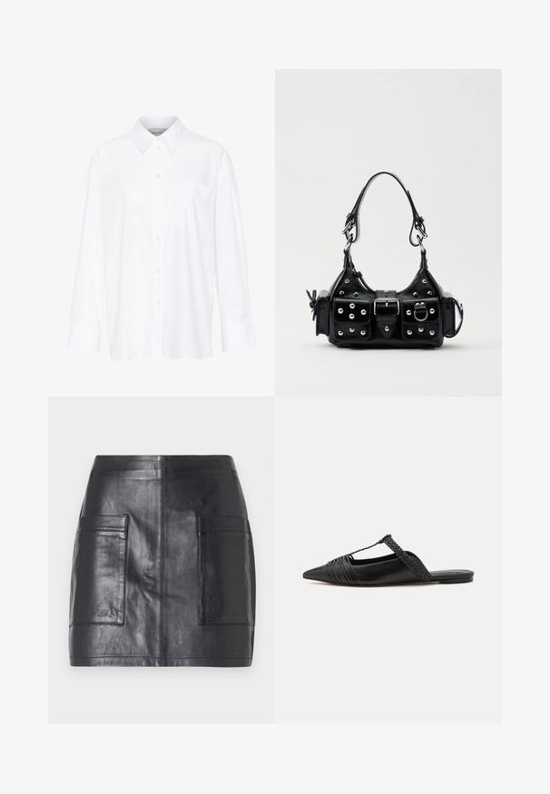 Biela košeľa s dlhým rukávom a golierom vyrobená z bavlny. Má zapínanie na gombíky vpredu a jednu náprsníku vrecko. Hladká textúra, voľný strih.; Čierna kožená mini sukňa s dvoma bočnými vreckami, hladkou textúrou, priliehavým strihom a čistými líniami bez ďalších ozdôb.; Čierne kožené sandále so špičatou špičkou, ktoré majú tkaný detail a zborený dizajn vrchnej časti. Plochá podrážka s minimálnym hardvérom.; Čierna kožená kabelka s zakriveným dizajnom, doplnená striebornými cvočkami, prackou a dvoma bočnými vreckami. Nastaviteľný popruh poskytuje rôzne možnosti nosenia.