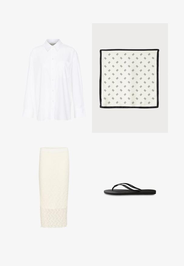 Balta ilgomis rankovėmis marškiniai su apykakle, pagaminti iš medvilnės. Su mygtukų užsegimu priekyje ir viena krūtinės kišenė. Lygus paviršius, laisvas siluetas.; Balta nėriniuota pieštuko sijonas su tekstūruotu gėlių raštu, turintis iki kelių siekiantį kirpimą ir tvirtą juosmenį. Lygi apdaila apačioje.; Juodos šlepetės su tekstūruotu guminio pado, dviem siauromis dirželių ir subtiliu, įspaustu logotipo detalė ant dirželio.; Baltas šilkinis šalikas, dekoruotas juoda geometrine raštu, su tvirtu juodu kraštu. Lengvas ir glotnaus paviršiaus.; Ruda suede rankinė su lenkta forma, trumpa rankena ir auksiniais detalių akcentais. Lygus paviršius ir minimalistinis dizainas.