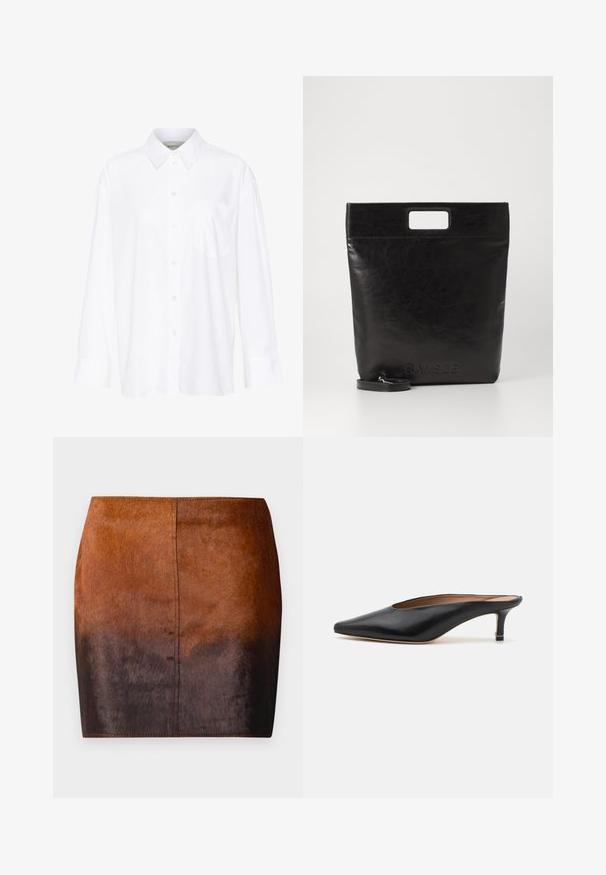 Valge pika käisega krae särg, mis on valmistatud puuvillast. Omab nööbipaneeli esiosa ja ühte rinna taskut. Sujuv tekstuur, vabalt lõigatud.; Pruunigraadiline mini seelik, mis on valmistatud pehmest materjalist, sujuva tekstuuriga, istuv siluett ja täpsed õmblused servadel.; Mustri mustad nahast ketsid terava nina ja madala plokkninas. Sile tekstuur ja elegantne disain. Avatud selg, minimaalse detailimisega.; Must mustrikotest läikega must nahast kott ruudukujulise käepidemega, millel on tekstuuriga viimistlus ja reljeefne logo. Kohandatav rihm on eemaldatav.