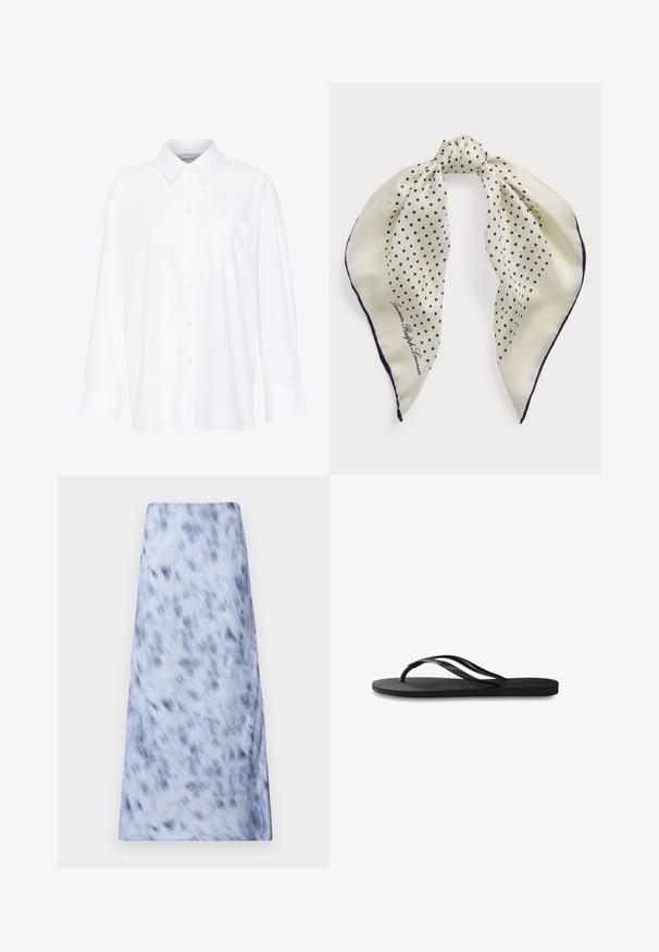 Bílá košile s dlouhým rukávem a límečkem vyrobená z bavlny. Má knoflíkovou přední část a jedno kapsičku na prsou. Hladký povrch, volný střih.; Dlouhá, světle modrá sukně s rozmazaným, tmavě modrým vzorem. Tkanina vypadá měkce, má hladkou texturu a jednoduchý design.; Černé žabky s texturovanou gumovou podrážkou, dvěma štíhlými popruhy a jemným, embosovaným logem na popruhu.; Hedvábný šátek s krémovým pozadím a námořnickými puntíky, uvázaný uprostřed; námořnický okraj; zahrnuje text "Lauren Ralph Lauren."