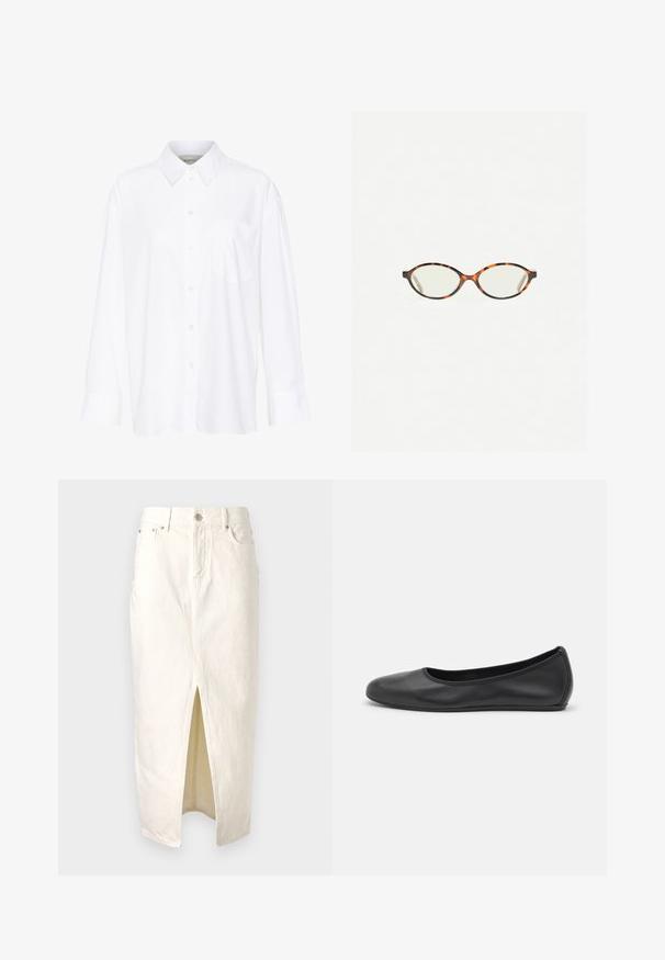 Cămașă albă cu mânecă lungă și guler, fabricată din bumbac. Are un închidere cu băta pe față și un singur buzunar pe piept. Textură netedă, croială lejeră.; Fustă din denim alb, cu o fanta frontală, având un talie înaltă, bucle pentru curea și un design clasic cu cinci buzunare. Țesătură texturată cu detalii de cusătură.; Balerini din piele neagră, cu vârf rotund, textură netedă, detalii de cusătură minimale și un design al tălpii flexibil.; Ochelari cu ramă din tartan, cu lentile ovale și un finisaj elegant, neted. Prezintă margini subțiri cu o curbură subtilă la tâmple. Lentile clare.