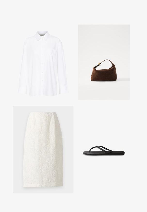 Biela košeľa s dlhým rukávom a golierom vyrobená z bavlny. Má zapínanie na gombíky vpredu a jednu náprsníku vrecko. Hladká textúra, voľný strih.; Sukňa po kolená biela s textúrovaným kvetinovým vzorom, obsahujúca vyvýšené dizajny ruží a jemný lesk. Jednoduchý, rovný strih.; Čierne žabky s textúrovanou gumovou podrážkou, dvoma štíhlymi popruhmi a diskrétnym embosovaným logom na popruhu.; Hnedá semišová kabelka s zakriveným tvarom, krátkym držadlom a zlatými kovovými detailmi. Hladký povrch a minimalistický dizajn.