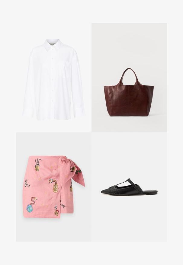 Camicia bianca a maniche lunghe con colletto in cotone. Caratterizzata da una chiusura con bottoni e una tasca sul petto singola. Tessuto liscio, vestibilità comoda.; Wrap in lino rosa con ricami di serpenti e vasi. Presenta un dettaglio a nodo e motivi decorativi a stella sparsi.; Scarpa slingback in pelle nera con punta appuntita, con un dettaglio intrecciato e un design superiore plissettato. Suola piatta con hardware minimale.; Borsa tote in pelle marrone con texture liscia, corpo ampio e due manici corti. Presenta una cucitura minimale, senza hardware o accenti visibili.