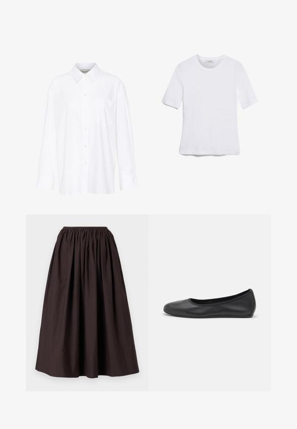 Fehér, hosszú ujjú, galléros ing, amely pamutból készült. Gombos elülső része és egyetlen mellzsebe van. Simított textúra, laza szabás.; Fehér, rövid ujjú póló ribbed anyagból. Kerek nyakkivágás, normál szabás és diszkrét varrási részletek. Nincsenek minták vagy grafikák.; Barna, bokaig érő szoknya könnyű anyagból, rugalmas derékkal és redőzött kialakítással, amely dús hatást kölcsönöz.; Fekete bőr balettcipő lekerekített orral, sima tekstúrával, minimális varrással és rugalmas talp kialakítással.