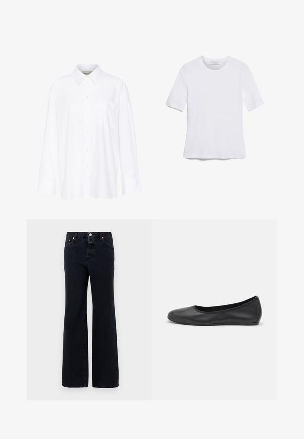 Valge pika käisega krae särg, mis on valmistatud puuvillast. Omab nööbipaneeli esiosa ja ühte rinna taskut. Sujuv tekstuur, vabalt lõigatud.; Valge lühikeste varrukatega T-särk ribatud kangast. Ümara kaelusega, tavalisest sobivusest ja peente õmbluse detailidega. Ilma mustrite või graafikateta.; Mustadest denimist valmistatud laia säärega teksased, millel on nööbi sulgemine, viis taskut ja diskreetne õmblustehnika.; Musthave mustika tantsutossud mustast nahast, ümmarguse varbaga, siledast tekstuurist, minimaalse õmblusdetailiga ja paindliku tallakujundusega.