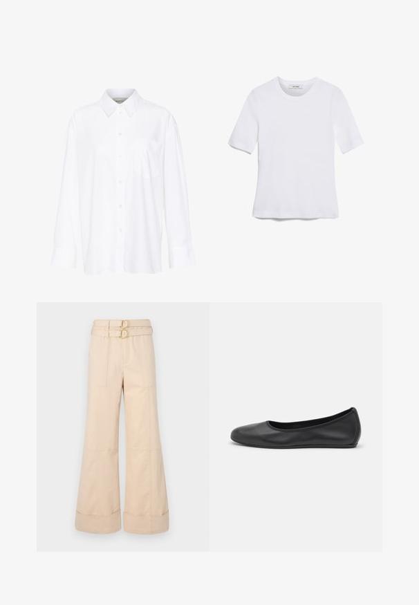 Weißes Langarmhemd mit Kragen aus Baumwolle. Verfügt über eine durchgehende Knopfleiste und eine Brusttasche. Glatte Textur, lockere Passform.; Weißes kurzärmliges T-Shirt aus geripptem Stoff. Runder Halsausschnitt, normale Passform und dezente Nähte. Keine Muster oder Grafiken.; Beige weit geschnittene Hose mit hoher Taille, ausgestattet mit zwei goldenen runden Schnallen und vorderen Taschen; glattes Baumwollmaterial mit umgeschlagenen Säumen.; Schwarze Leder-Ballettschuhe mit abgerundeter Spitze, glatter Textur, minimalen Nähdetails und einem flexiblen Sohlen-Design.