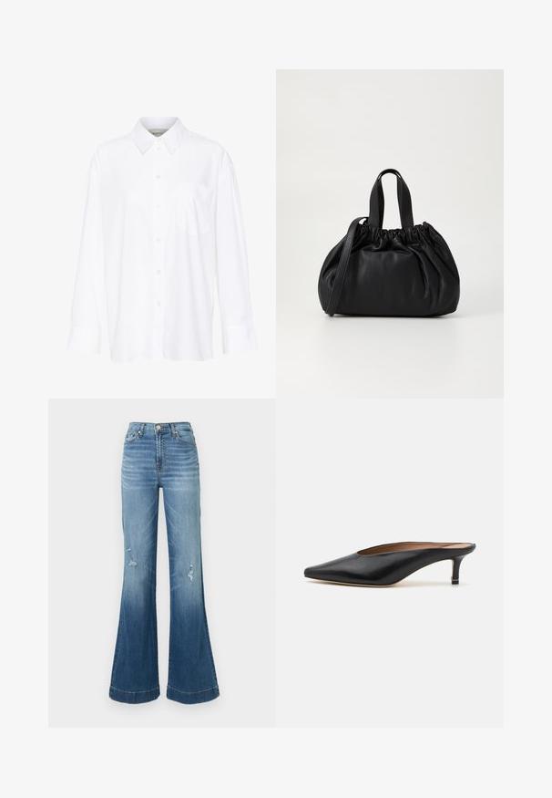 White long-sleeve collared shirt made of cotton. Features a button-down front and a single chest pocket. Smooth texture, relaxed fit.; Blue denim flared jeans with high waist, visible stitching, and distressed details near the knees. Flares widen from knee to hem.; Black leather mules with a pointed toe and low, block heel. Smooth texture with a sleek design. Open back with minimal detailing.; Black leather handbag with a gathered top design, featuring two short handles and a long adjustable strap. Smooth texture, rounded shape.