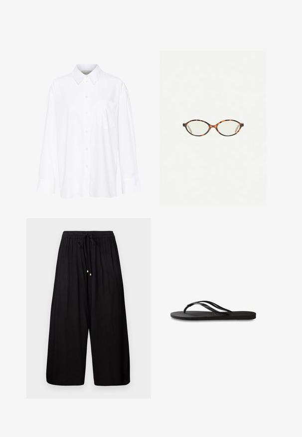 Bílá košile s dlouhým rukávem a límečkem vyrobená z bavlny. Má knoflíkovou přední část a jedno kapsičku na prsou. Hladký povrch, volný střih.; Černé kalhoty s širokými nohavicemi vyrobené z texturované tkaniny. Obsahují elastický pas s šňůrkou a pozlacené akcenty na koncích.; Černé žabky s texturovanou gumovou podrážkou, dvěma štíhlými popruhy a jemným, embosovaným logem na popruhu.; Želvovinové brýle s oválnými čočkami a hladkým, jemným povrchem. Má tenké bočnice s jemným zakřivením v chrámcích. Čiré čočky.