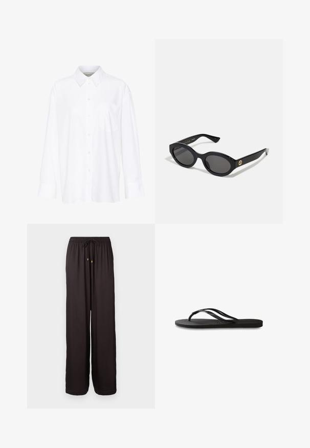 Valge pika käisega krae särg, mis on valmistatud puuvillast. Omab nööbipaneeli esiosa ja ühte rinna taskut. Sujuv tekstuur, vabalt lõigatud.; Lõdvad mustad püksid elastse vöökoha ja kuldse otsaga nööriga, täispikkuses ja sirged jalad.; Mustad mustes suss, millel on tekstureeritud kummist põhi, kaks peenikest rihma ja tagasihoidlik, reljeefne logo detail rihmal.; Mustad mustad prillid tumedate läätsedega ja läikiva plastraamiga. Omab kuldset logo põlveosal, pakkudes stiilset ja kaasaegset disaini.; Must kase nahast käekott, millel on struktureeritud ristkülikukujuline kuju. Omab kuldset ovaalset lukku ja õhukest õlavarre rihma. Sile tekstuur.