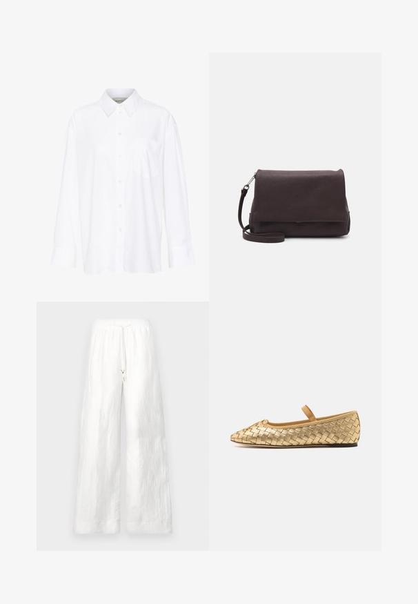 White long-sleeve collared shirt made of cotton. Features a button-down front and a single chest pocket. Smooth texture, relaxed fit.; White linen wide-leg pants with an elastic waistband and a drawstring. Features a smooth texture and a loose fit. No pockets visible.; Loeffler Randall LEONIE SOFT BALLET FLAT - Ankle strap ballet pumps - gold; Tiger of Sweden LIMBIATE UNISEX - Cross body bag - pure decadence