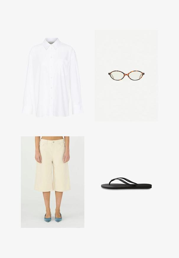 Chemise blanche à manches longues avec col, en coton. Présente un devant à boutons et une poche poitrine unique. Texture lisse, coupe décontractée.; Pantalon large cropped beige en denim, avec une taille boutonnée, des passants de ceinture et des poches avant ; texture lisse et uniforme.; Tongs noires avec une semelle en caoutchouc texturée, deux fines lanières et un détail de logo embossé subtil sur la lanière.; Lunettes en écaille de tortue avec des verres ovales et une finition lisse et élégante. Présente des branches fines avec une courbure subtile au niveau des tempes. Verres transparents.