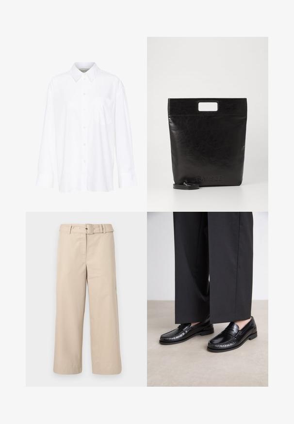 White long-sleeve collared shirt made of cotton. Features a button-down front and a single chest pocket. Smooth texture, relaxed fit.; Beige, wide-leg trousers made of smooth fabric. Features a belted waist and two side pockets. Clean seams and finished hem.; Black leather loafers with a smooth finish, stitched detailing around the toe, and a low rubber sole. Paired with wide black trousers.; Black leather tote bag with a square handle, featuring a textured finish and embossed logo. Includes a detachable strap.