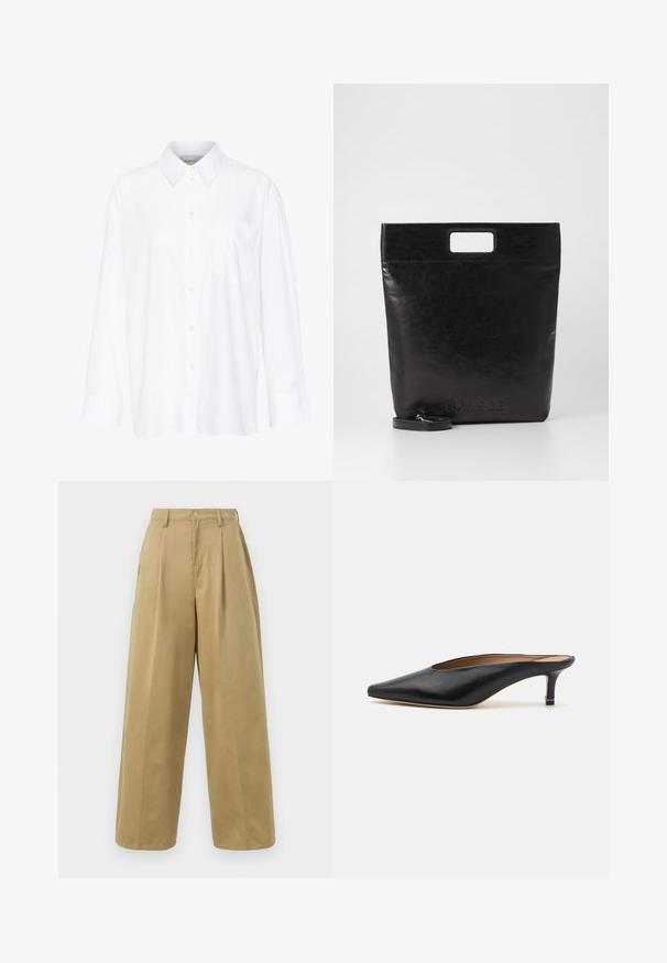 Chemise blanche à manches longues avec col, en coton. Présente un devant à boutons et une poche poitrine unique. Texture lisse, coupe décontractée.; Pantalons larges en kaki en tissu mélangé coton, avec un devant plat et des plis, une fermeture à bouton et une finition lisse.; Mules en cuir noir avec un bout pointu et un petit talon carré. Texture lisse avec un design épuré. Dos ouvert avec un minimum de détails.; Sac fourre-tout en cuir noir avec une poignée carrée, arborant une finition texturée et un logo en relief. Comprend une bandoulière amovible.