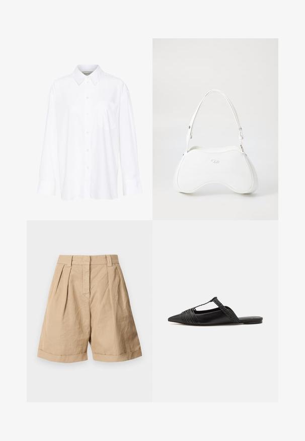 White long-sleeve collared shirt made of cotton. Features a button-down front and a single chest pocket. Smooth texture, relaxed fit.; Beige linen shorts with a high waist, two front pleats, and rolled cuffs. Smooth texture with a tailored design.; Black leather slingback shoe with a pointed toe, featuring a woven accent and pleated upper design. Flat sole with minimal hardware.; White handbag with a smooth, glossy surface, curved shape, and a single adjustable strap. Features a logo embossed on the front.