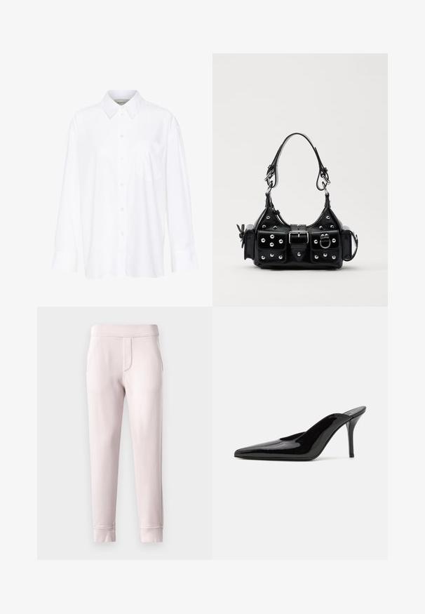 Witte lange mouwen overhemd met kraag van katoen. Voorzien van een knoopsluiting aan de voorkant en een enkele borstzak. Een gladde textuur en een ontspannen pasvorm.; Lichtroze sweatpants gemaakt van zacht materiaal, met een elastische tailleband, zijzakken en ribgebreide boorden bij de enkels.; Zwarte gepatineerde leren hoge hak muiltjes met een spitse neus en een slanke silhouet, met een open achterkant en een slanke stilettohak.; Zwarte lederen handtas met een gebogen ontwerp, voorzien van zilveren studs, een gesp en twee zijvakken. Verstelbare schouderband voor verschillende draagmogelijkheden.