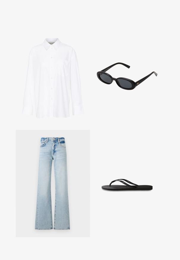 Fehér, hosszú ujjú, galléros ing, amely pamutból készült. Gombos elülső része és egyetlen mellzsebe van. Simított textúra, laza szabás.; Világoskék, bővített szabású farmernadrág, közepes derékmagasítással, öt zsebbel és eltérő színű varrással, megkopott hatással.; Fekete papucs texturált gumitalppal, két vékony pánttal és finom, domború logóval a pánton.; Fekete, oversize napszemüveg ovális lencsékkel, sima műanyag kerettel és arany részletekkel a fülpánton. Sötét lencséi védelmet nyújtanak a napfény ellen.