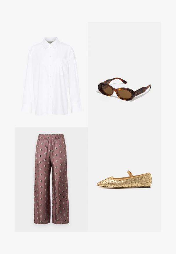 Biela košeľa s dlhým rukávom a golierom vyrobená z bavlny. Má zapínanie na gombíky vpredu a jednu náprsníku vrecko. Hladká textúra, voľný strih.; MM BOA - Nohavice - mauve; Loeffler Randall LEONIE SOFT BALLET FLAT - Balerínky s remienkom okolo členku - gold; Slniečkovo hnedé slnečné okuliare s ovalnými šošovkami, zlatými akcentmi na rámčekoch. Hrubé rámy s lesklým povrchom a hladkou textúrou.