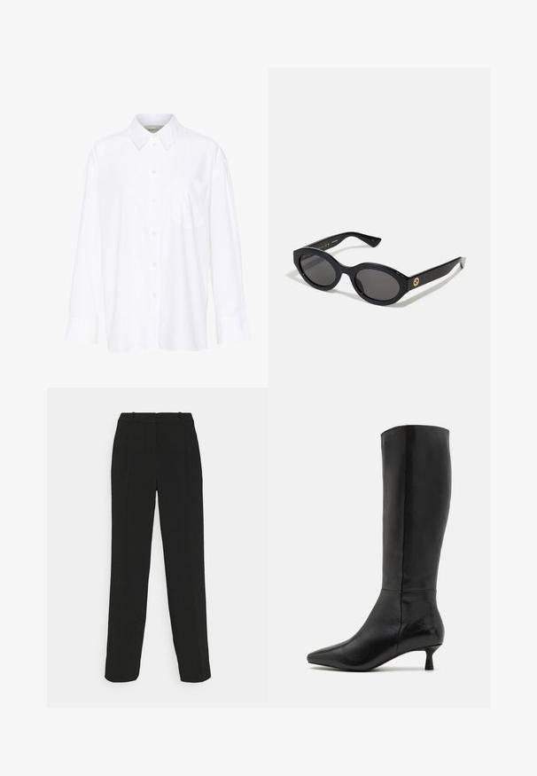 Biela košeľa s dlhým rukávom a golierom vyrobená z bavlny. Má zapínanie na gombíky vpredu a jednu náprsníku vrecko. Hladká textúra, voľný strih.; Čierne elegantné nohavice s rovnými nohavicami, vyznačujúce sa vysokým pásom, záhybmi a hladkou textúrou látky.; Zign Čižmy - black; Čierne oválne slnečné okuliare s tmavými sklami a lesklým plastovým rámom. Obsahujú zlaté logo na stráne, čo im dáva elegantný a moderný dizajn.