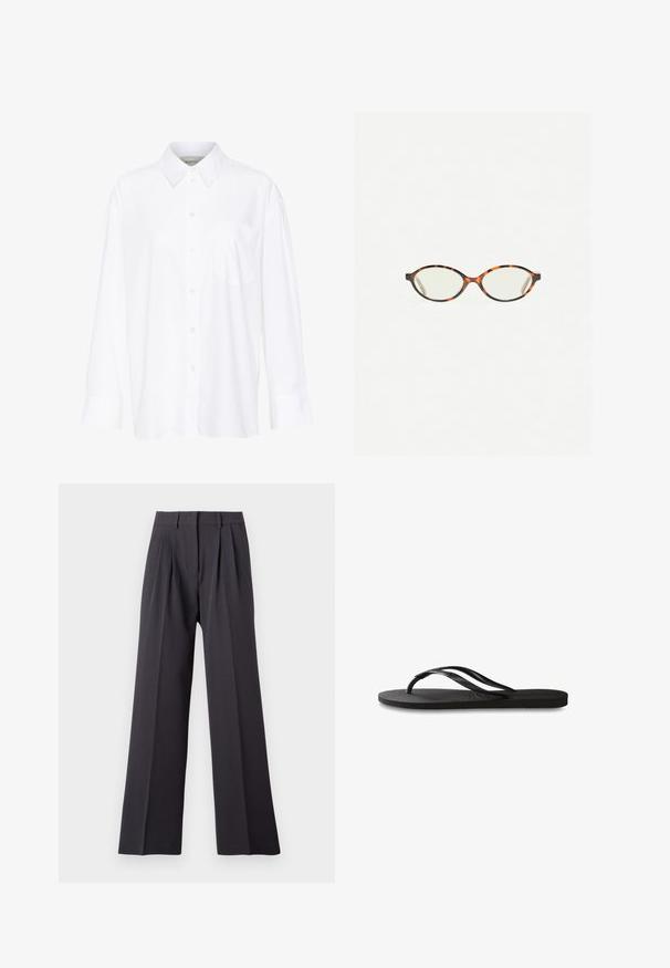 Weißes Langarmhemd mit Kragen aus Baumwolle. Verfügt über eine durchgehende Knopfleiste und eine Brusttasche. Glatte Textur, lockere Passform.; Weite Hose aus dunkelgrauem Stoff. Mit Falten an der Taille, einem taillierten Bund und einer glatten Textur. Keine sichtbaren Muster oder Beschläge.; Schwarze Flip-Flops mit einer strukturierten Gummisohle, zwei schlanken Riemen und einem dezenten, geprägten Logo-Detail auf dem Riemen.; Schildpatt-Eyegläser mit ovalen Gläsern und einer eleganten, glatten Oberfläche. Mit dünnen Seiten und einer subtilen Kurve an den Schläfen. Klare Gläser.