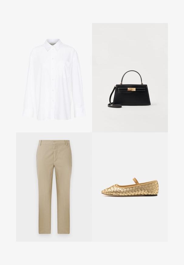 Baltais garo piedurkņu krekls ar apkakli, izgatavots no kokvilnas. Aprīkots ar pogu aizdari priekšā un vienu krūšu kabatu. Gluda tekstūra, brīvs piegriezums.; Beige bikses ar taisnu griezumu, izgatavotas no gludas auduma. Iekļauj rāvējslēdzēju un jostu cilpas; minimālas šuves un bez redzamām rakstām. ; Loeffler Randall LEONIE SOFT BALLET FLAT - Baletkurpes ar siksniņu ap potīti - gold; Melnas ādas rokassoma ar struktūru trapezveida formā, ar zelta metāla sprādzīti un kontrastējošu baltu sastiprinājumu. Ietver īsu rokturi un garu siksnu.