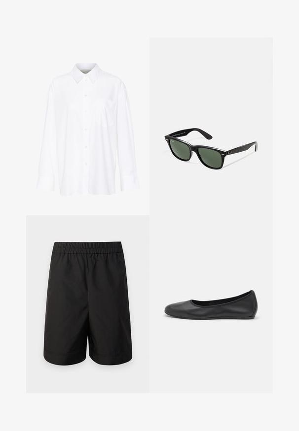 Camicia bianca a maniche lunghe con colletto in cotone. Caratterizzata da una chiusura con bottoni e una tasca sul petto singola. Tessuto liscio, vestibilità comoda.; Pantaloni corti neri realizzati in tessuto leggero, con una vita elastica e una linea semplice e dritta. Senza tasche visibili o motivi.; Pantofole da balletto nere in pelle con punta arrotondata, texture liscia, dettagli di cucitura minimi e design con suola flessibile.; Occhiali da sole in plastica nera con lenti verdi, montatura quadrata, dettaglio argento sulla parte superiore e steli con texture. Marchio indicato sulla parte interna dello stelo.