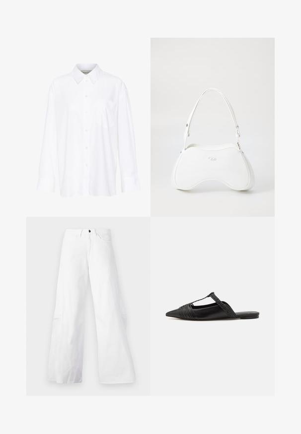 Chemise blanche à manches longues avec col, en coton. Présente un devant à boutons et une poche poitrine unique. Texture lisse, coupe décontractée.; Pantalons en denim blancs à jambes larges avec un design à cinq poches. Dotés d'un bouton noir et d'une fermeture éclair. Texture lisse, silhouette droite.; Chaussure en cuir noir à talon ouvert avec un bout pointu, présentant un accent tressé et un design supérieur plissé. Semelle plate avec un matériel minimal.; Sac à main blanc avec une surface lisse et brillante, forme courbée et une seule bandoulière ajustable. Il présente un logo embossé à l'avant.