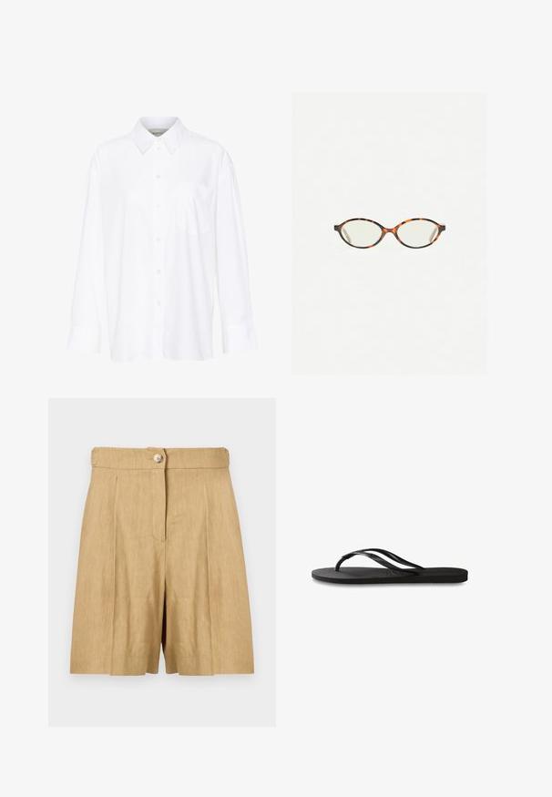 Bílá košile s dlouhým rukávem a límečkem vyrobená z bavlny. Má knoflíkovou přední část a jedno kapsičku na prsou. Hladký povrch, volný střih.; Béžové lněné šortky se strukturovaným pasem, jedním předním knoflíkem a dvěma předními sklady pro elegantní vzhled.; Černé žabky s texturovanou gumovou podrážkou, dvěma štíhlými popruhy a jemným, embosovaným logem na popruhu.; Želvovinové brýle s oválnými čočkami a hladkým, jemným povrchem. Má tenké bočnice s jemným zakřivením v chrámcích. Čiré čočky.