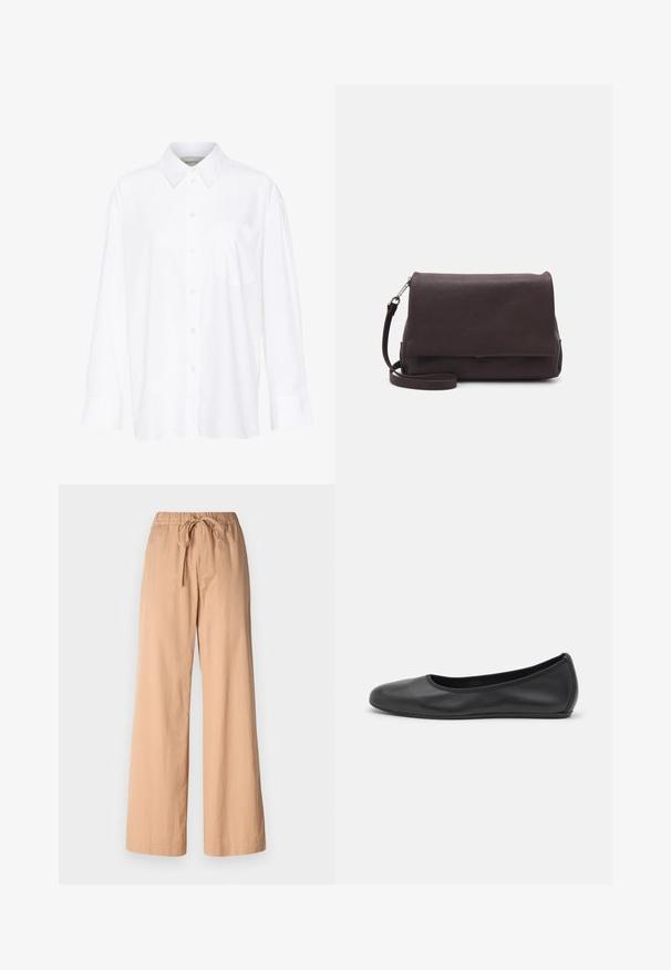 Camisa blanca de manga larga y cuello hecha de algodón. Presenta un cierre de botones en la parte delantera y un bolsillo en el pecho. Textura suave, ajuste relajado.; Pantalones beige de pierna ancha con una cinturilla elástica y cordón de ajuste. Fabricados con un material ligero, presentan una textura suave y líneas limpias.; Bailarina de piel negra con punta redondeada, textura suave, detalle de costura minimalista y diseño de suela flexible.; Tiger of Sweden LIMBIATE UNISEX - Bandolera - pure decadence