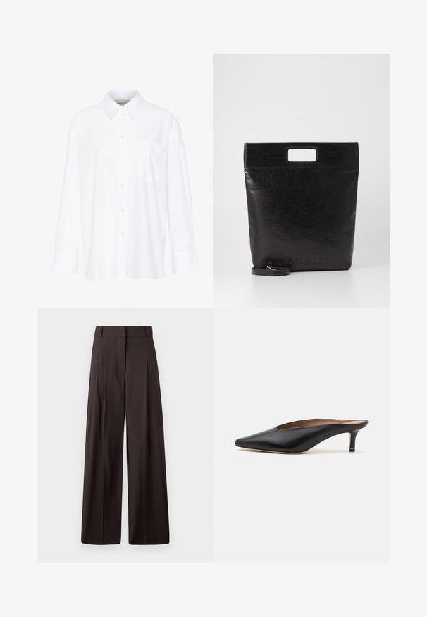 White long-sleeve collared shirt made of cotton. Features a button-down front and a single chest pocket. Smooth texture, relaxed fit.; Black wide-leg trousers with a high waist, featuring front pleats, a smooth texture, and a minimalist design.; Black leather mules with a pointed toe and low, block heel. Smooth texture with a sleek design. Open back with minimal detailing.; Black leather tote bag with a square handle, featuring a textured finish and embossed logo. Includes a detachable strap.
