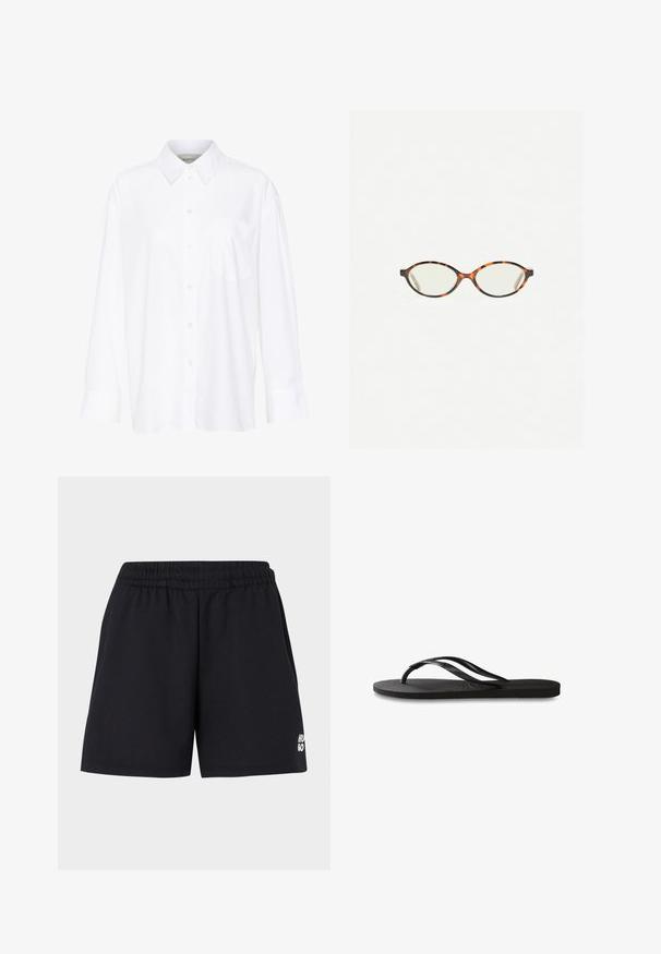 Bílá košile s dlouhým rukávem a límečkem vyrobená z bavlny. Má knoflíkovou přední část a jedno kapsičku na prsou. Hladký povrch, volný střih.; Černé kraťasy s elastickým pasem, vyrobené z měkké látky. Na dolní levé straně se nachází malé bílé logo "HUGO".; Černé žabky s texturovanou gumovou podrážkou, dvěma štíhlými popruhy a jemným, embosovaným logem na popruhu.; Želvovinové brýle s oválnými čočkami a hladkým, jemným povrchem. Má tenké bočnice s jemným zakřivením v chrámcích. Čiré čočky.