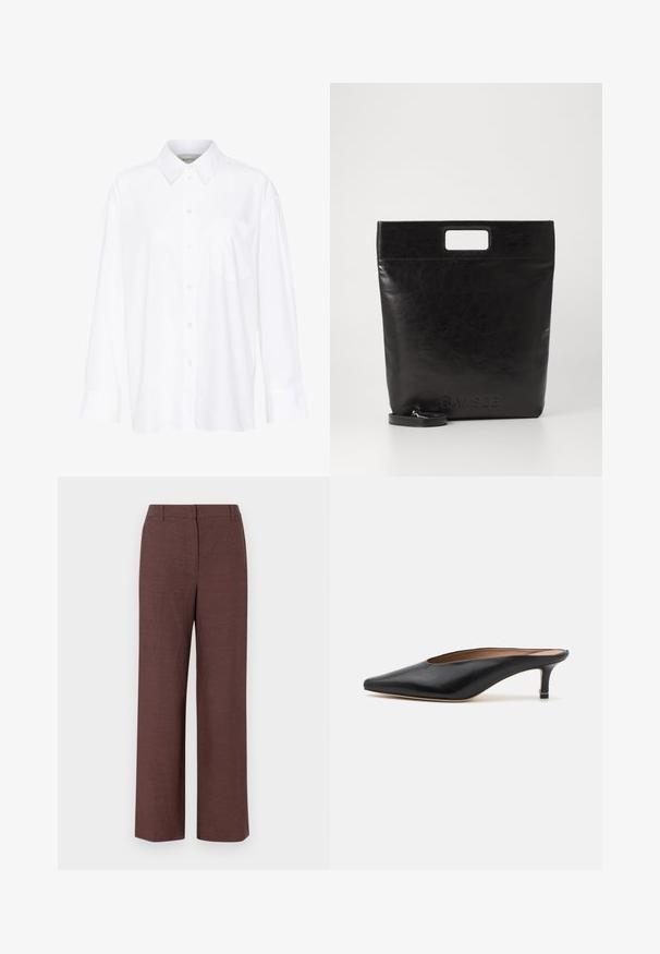 Fehér, hosszú ujjú, galléros ing, amely pamutból készült. Gombos elülső része és egyetlen mellzsebe van. Simított textúra, laza szabás.; Barna, széles lábú nadrág, texturált anyagból, sima felülettel, lapos elülső résszel, övhurkokkal és oldalsó zsebekkel.; Fekete bőr mules cipők, hegyes orral és alacsony, blokk sarkú kialakítással. Simább textúrával és elegáns dizájnnal. Nyitott hátú, minimális részletezéssel.; Fekete bőr bevásárlótáska négyzet alakú fogantyúval, texturált felülettel és dombornyomott logóval. Tartalmaz egy levehető pántot.