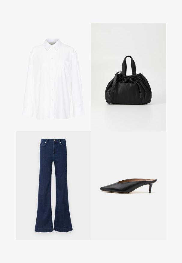 Witte lange mouwen overhemd met kraag van katoen. Voorzien van een knoopsluiting aan de voorkant en een enkele borstzak. Een gladde textuur en een ontspannen pasvorm.; Donkerblauwe uitlopende jeans van denim, met een hoge taille, subtiele slijtage en gouden hardware op de voorzakken en sluiting.; Zwarte leren muiltjes met een puntige neus en een lage, blokhak. Glad oppervlak met een gestroomlijnd ontwerp. Open achterkant met minimale details.; Zwarte leren handtas met een geplooid ontwerp aan de bovenkant, voorzien van twee korte handvatten en een lange verstelbare schouderband. Gladde textuur, ronde vorm.