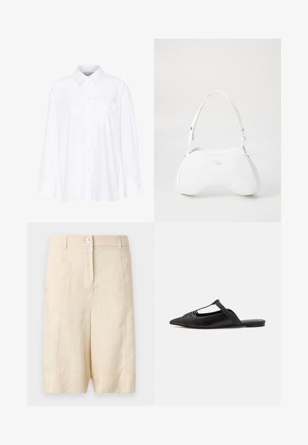 Balta ilgomis rankovėmis marškiniai su apykakle, pagaminti iš medvilnės. Su mygtukų užsegimu priekyje ir viena krūtinės kišenė. Lygus paviršius, laisvas siluetas.; Smėliniai lininiai šortai su lygiu paviršiumi, turintys priekinį mygtuką užsegimui, pritaikytą dizainą ir tiesią apdailą.; Juodos odinės slingback bateliai su smailiu pirštu, turintys audinį akcentą ir raukšlėtą viršutinį dizainą. Lygus padas su minimaliais aksesuarais.; Balta rankinė su lygiu, blizgiu paviršiumi, išlenkta forma ir viena reguliuojama rankena. Priekyje yra įspaudas su logotipu.