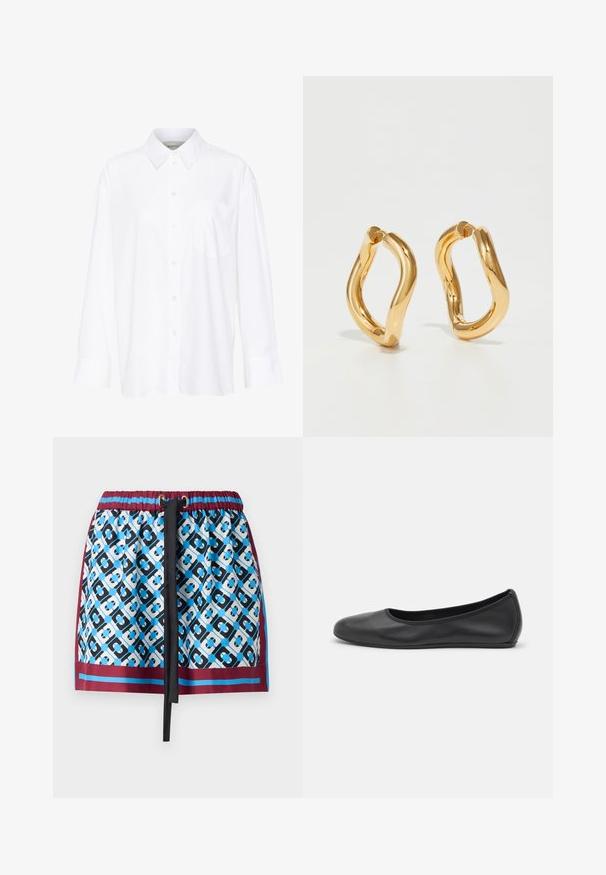 Cămașă albă cu mânecă lungă și guler, fabricată din bumbac. Are un închidere cu băta pe față și un singur buzunar pe piept. Textură netedă, croială lejeră.; Fustă scurtă cu un model geometric albastru și negru, talie elastică cu șnur și bordură bordeux în partea de jos.; Balerini din piele neagră, cu vârf rotund, textură netedă, detalii de cusătură minimale și un design al tălpii flexibil.; Cercei din aur cu un design curbat, neregulat și o textură netedă și lustruită. Fără accesorii sau elemente vizibile.