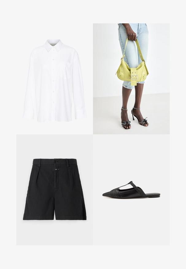 Chemise blanche à manches longues avec col, en coton. Présente un devant à boutons et une poche poitrine unique. Texture lisse, coupe décontractée.; CLOSED REVYL - Short - black; Chaussure en cuir noir à talon ouvert avec un bout pointu, présentant un accent tressé et un design supérieur plissé. Semelle plate avec un matériel minimal.; Sac à main perforé jaune avec détail de boucle et bandoulière réglable, associé à un short en denim et des sandales à talons noirs ornées de nœuds.