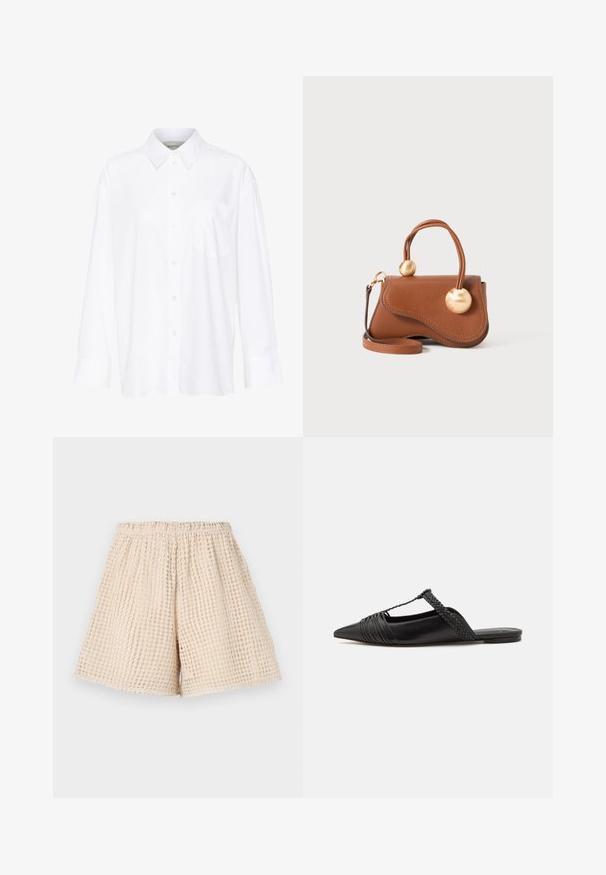 Weißes Langarmhemd mit Kragen aus Baumwolle. Verfügt über eine durchgehende Knopfleiste und eine Brusttasche. Glatte Textur, lockere Passform.; Beige Shorts mit einem strukturierten, waffelartigen Muster. Elastischer Bund und lockere Passform. Mittellange Beine, bis zur Mitte des Oberschenkels. Leichtes Material.; Schwarzer Leder-Slingback-Schuh mit spitzem Zehenbereich, ausgestattet mit einem geflochtenen Akzent und einem gefalteten Oberdesign. Flache Sohle mit minimalem Zubehör.; Braune Lederhandtasche mit wellenförmigem Design, ausgestattet mit zwei kreisförmigen goldenen Akzenten und einem abnehmbaren Schulterriemen für vielseitigen Tragekomfort.