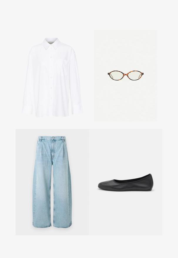 Bela dolga majica s kragnico iz bombaža. Ima gumbno zapenjanje spredaj in eno žep na prsih. Gladka tekstura, sproščen kroj.; Svijetloplave široke traperice s plitkim nabranim detaljima sprijeda, zatvaranjem na dugme i ravnim rubovima, s izblijedjelom teksturom po cijeloj površini.; Črne usnjene balerinke z zaobljenim nosom, gladko teksturo, minimalnimi šivi in fleksibilno zasnovo podplata.; Kornjačaste očala z ovalnimi lečami in gladko, sijočo površino. Imajo tanke stranice z rahlim ovinkom na templjih. Prosojne leče.